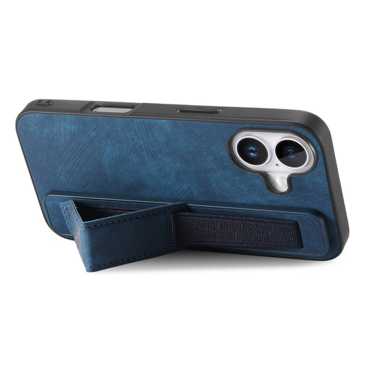 For iPhone 16 Plus Retro Wristband Holder Leather Back Phone Case(Blue) by buy2fix