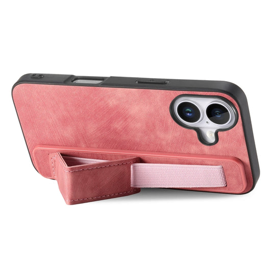 For iPhone 16 Retro Wristband Holder Leather Back Phone Case(Pink) by buy2fix