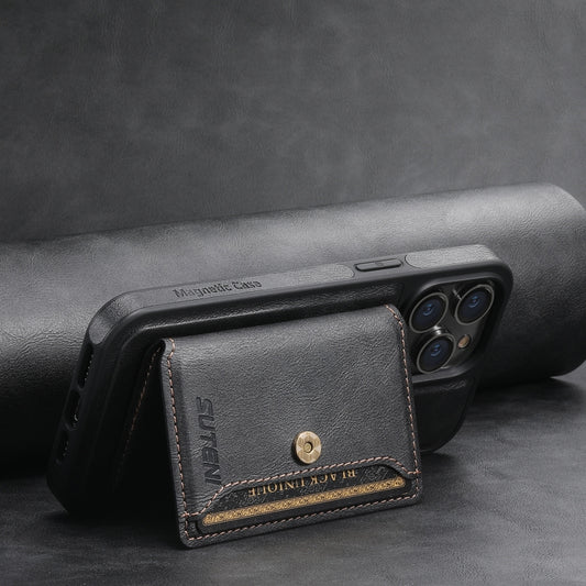 For iPhone 13 Suteni M1 Oil Wax MagSafe Detachable Horizontal Card Bag Phone Case(Black) by Suteni