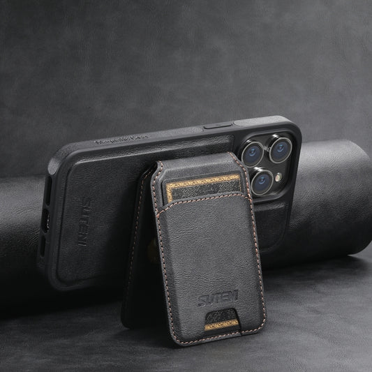For iPhone 14 Suteni M2 Oil Wax MagSafe Horizontal Card Bag Phone Case(Black) by Suteni
