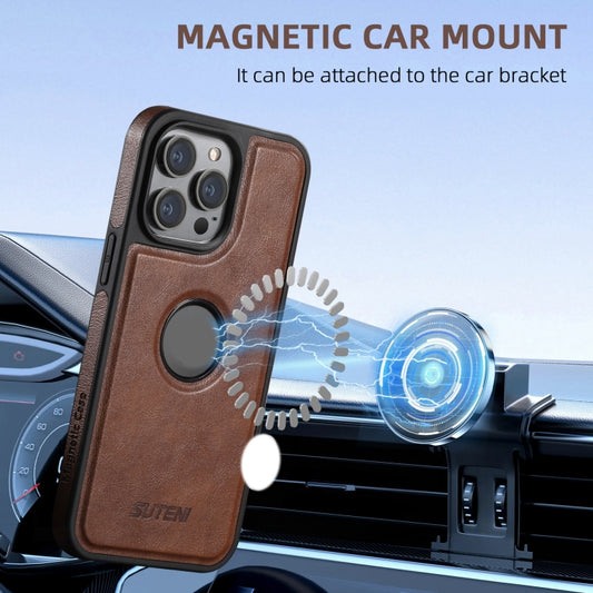 For iPhone 16 Pro Suteni M2 Oil Wax MagSafe Horizontal Card Bag Phone Case(Brown) by Suteni