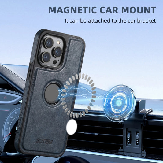 For iPhone 16 Pro Suteni M2 Oil Wax MagSafe Horizontal Card Bag Phone Case(Blue) by Suteni