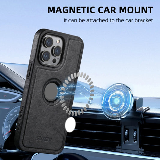 For iPhone 16 Plus Suteni M2 Oil Wax MagSafe Horizontal Card Bag Phone Case(Black) by Suteni
