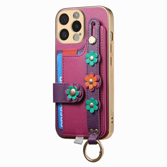 For iPhone 15 Stereoscopic Flowers Wristband Card Bag Phone Case(Purple) - iPhone 15 Cases by buy2fix | Online Shopping UK | buy2fix