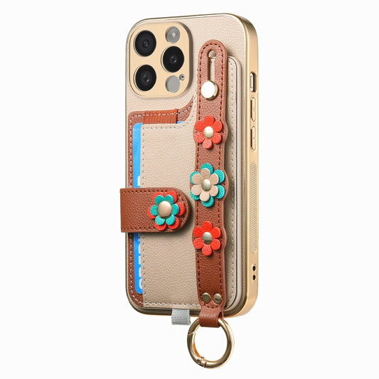 For iPhone 15 Stereoscopic Flowers Wristband Card Bag Phone Case(Khaki) - iPhone 15 Cases by buy2fix | Online Shopping UK | buy2fix