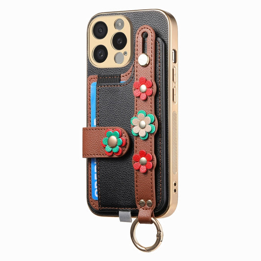 For iPhone 15 Pro Stereoscopic Flowers Wristband Card Bag Phone Case(Black) - iPhone 15 Pro Cases by buy2fix | Online Shopping UK | buy2fix