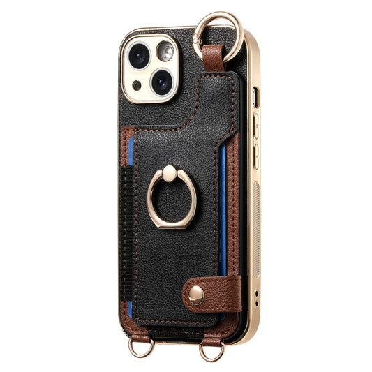 For iPhone 15 Fashion Ring Card Bag Phone Case with Hang Loop(Black) - iPhone 15 Cases by buy2fix | Online Shopping UK | buy2fix