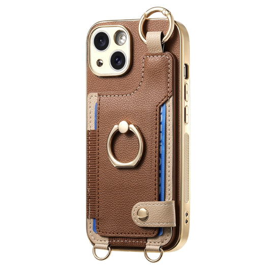 For iPhone 15 Fashion Ring Card Bag Phone Case with Hang Loop(Brown) - iPhone 15 Cases by buy2fix | Online Shopping UK | buy2fix