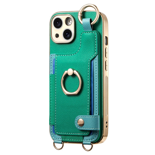For iPhone 15 Fashion Ring Card Bag Phone Case with Hang Loop(Green) - iPhone 15 Cases by buy2fix | Online Shopping UK | buy2fix