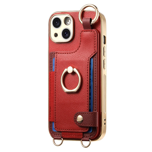 For iPhone 15 Fashion Ring Card Bag Phone Case with Hang Loop(Red) - iPhone 15 Cases by buy2fix | Online Shopping UK | buy2fix