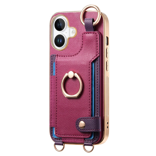 For iPhone 16 Fashion Ring Card Bag Phone Case with Hang Loop(Purple) by buy2fix