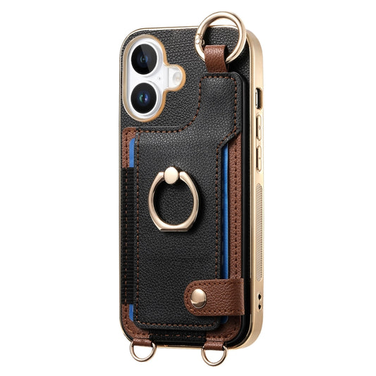 For iPhone 16 Plus Fashion Ring Card Bag Phone Case with Hang Loop(Black) by buy2fix