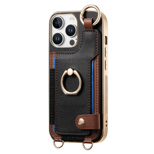For iPhone 16 Pro Fashion Ring Card Bag Phone Case with Hang Loop(Black) by buy2fix