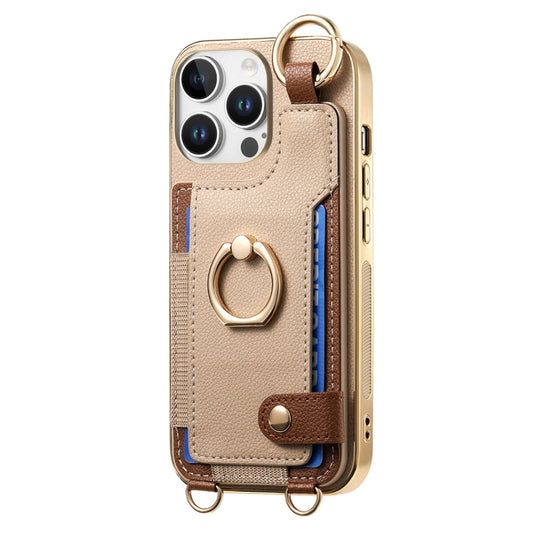 For iPhone 16 Pro Fashion Ring Card Bag Phone Case with Hang Loop(Khaki) by buy2fix
