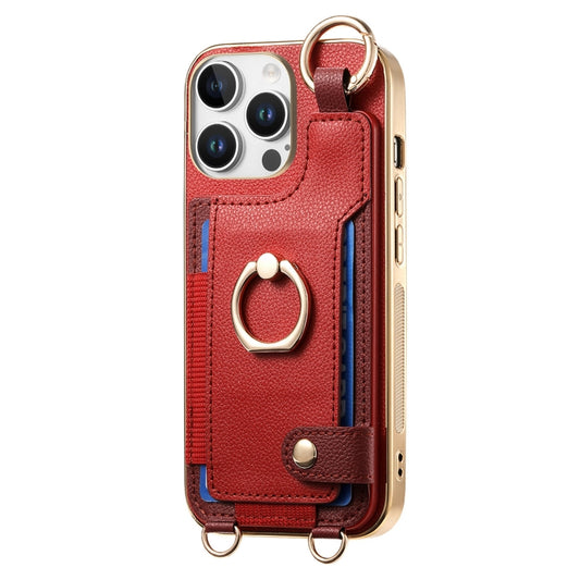 For iPhone 16 Pro Fashion Ring Card Bag Phone Case with Hang Loop(Red) by buy2fix