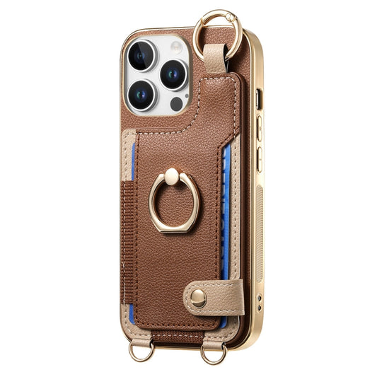 For iPhone 16 Pro Max Fashion Ring Card Bag Phone Case with Hang Loop(Brown) by buy2fix