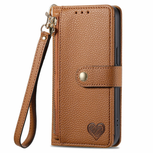 For Motorola Moto G Play 2024 Love Zipper Lanyard Leather Phone Case(Brown) by buy2fix