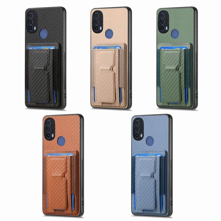 For Motorola Moto G 5G 2024 4G Carbon Fiber Fold Stand Elastic Card Bag Phone Case(Khaki) by buy2fix