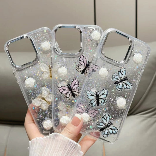 For iPhone 16 Pro Max Glitter 3D Butterfly TPU Phone Case(Blue) by buy2fix