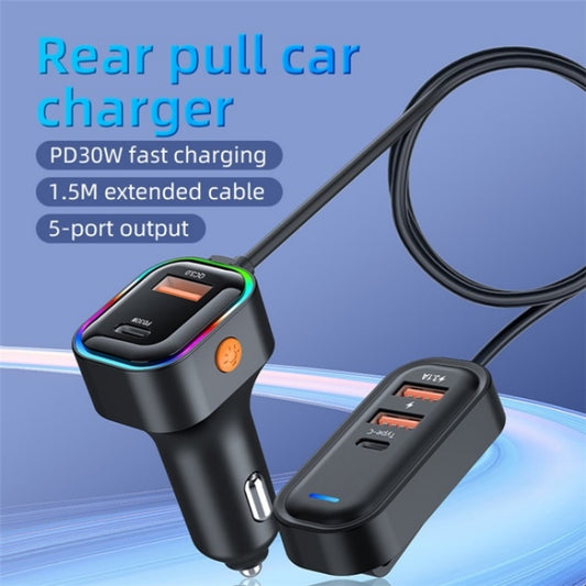 K5 3 USB Fast Charging Car Charger 66W Extension Cord Design 5 Ports Charging Adapter by buy2fix