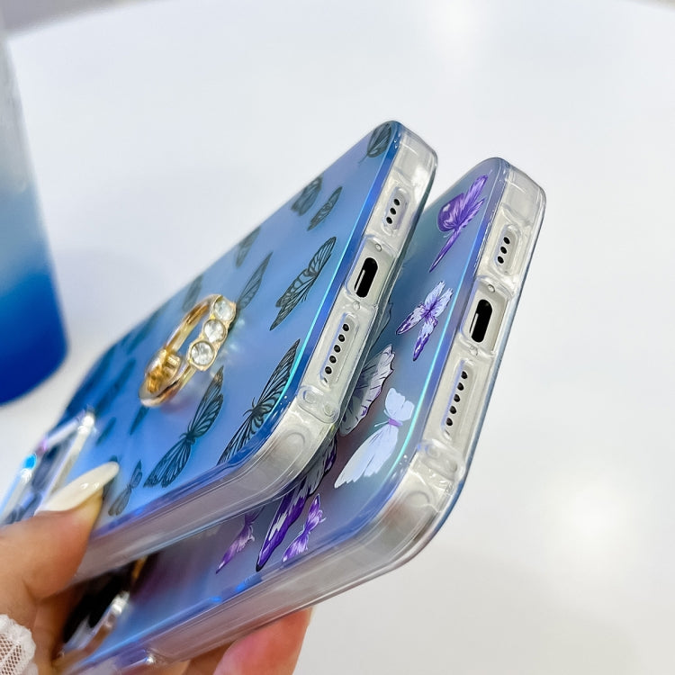 For iPhone 16 Electroplating Laser Butterfly Ring Holder Phone Case(White Purple Butterflies AB6) by buy2fix