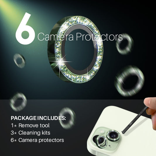 For iPhone 15 / 15 Plus / 14 / 14 Plus NORTHJO 3 Set 6pcs Camera Lens Protector Glitter Metal Ring Film(Green) - iPhone 15 Tempered Glass by NORTHJO | Online Shopping UK | buy2fix