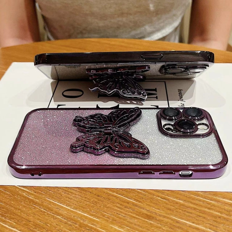 For iPhone 16 Pro Max Electroplated Gradient Glitter 3D Butterfly TPU Phone Case(Gradient Pink) by buy2fix