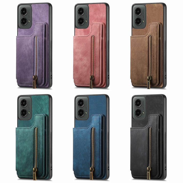 For Motorola Moto G 2024 Retro Leather Zipper Wallet Back Phone Case(Pink) by buy2fix