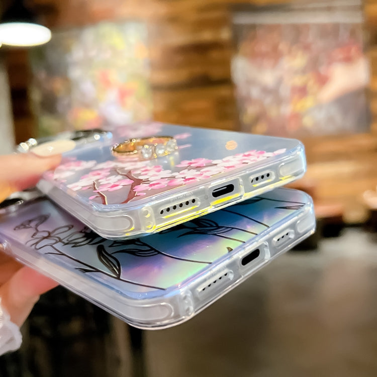 For iPhone 16 Plus Electroplating Laser Flower Ring Holder TPU Phone Case(Blue Flower AH8) by buy2fix