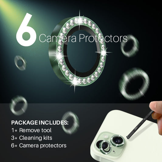 For iPhone 15 / 15 Plus / 14 / 14 Plus NORTHJO 3 Set 6Pcs Camera Lens Protector Diamond Metal Ring Film(Green) - iPhone 15 Tempered Glass by NORTHJO | Online Shopping UK | buy2fix