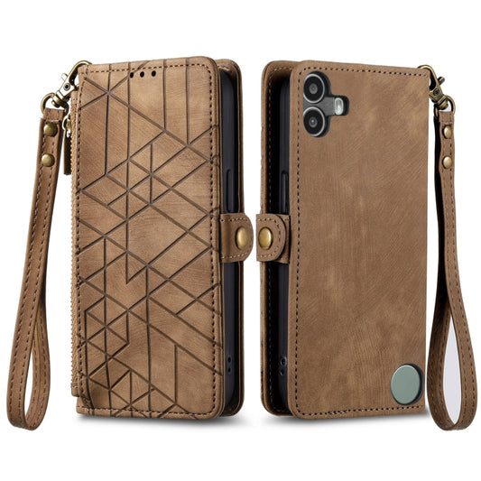 For Nothing CMF Phone 1 Geometric Zipper Wallet Side Buckle Leather Phone Case(Brown) - Nothing Cases by buy2fix | Online Shopping UK | buy2fix