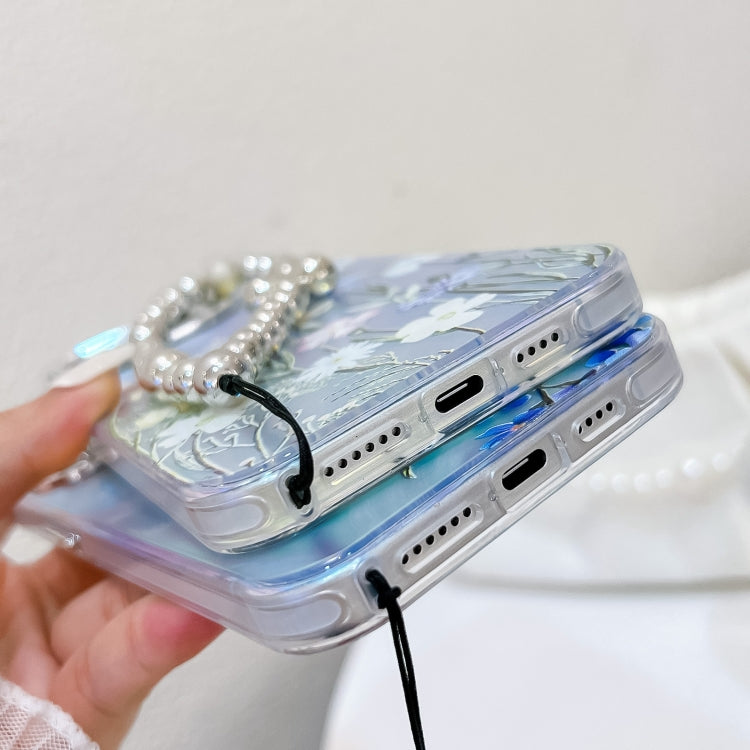 For iPhone 16 Electroplating Laser Flower Phone Case with Wrist Strap(Flower AH1) by buy2fix
