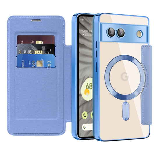 For Google Pixel 7a Shield Magsafe RFID Anti-theft Rhombus Leather Phone Case(Blue) by buy2fix