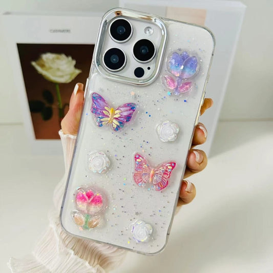 For iPhone 16 Pro 3D Colorful Crystal Butterfly TPU Phone Case(Butterful Flowers) by buy2fix