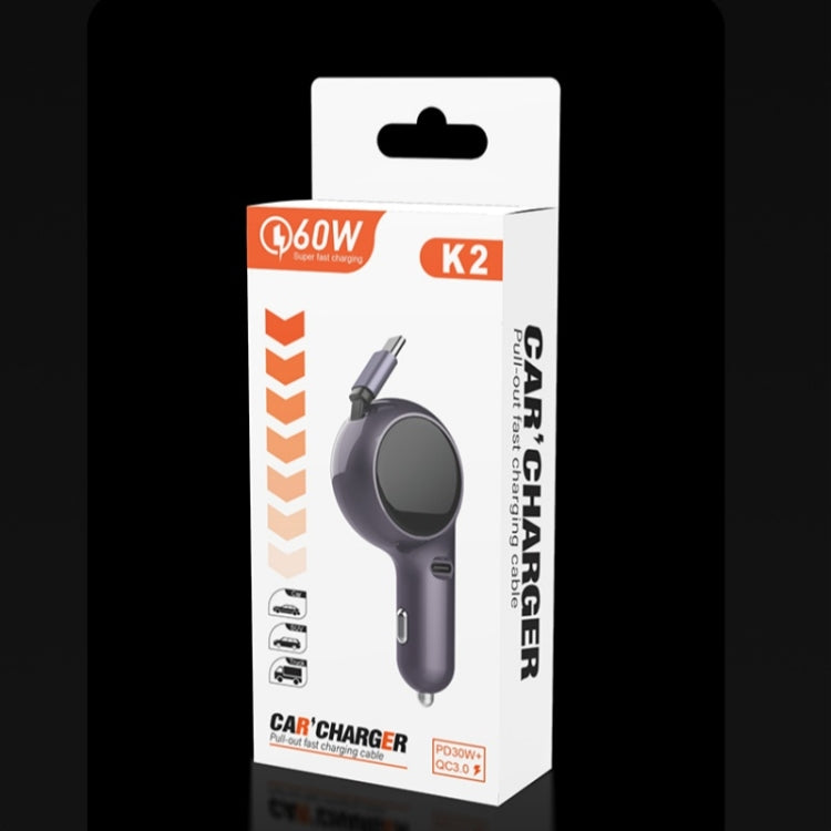 K2 With 60W Type-C Retractable Cable Type-C Port Phone Fast Charging Adapter Car Charger by buy2fix