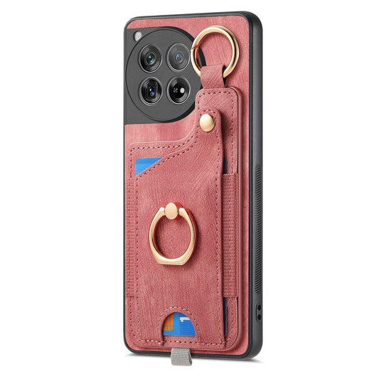 For OnePlus 12 5G Retro Skin-feel Ring Card Bag Phone Case with Hang Loop(Pink) by buy2fix