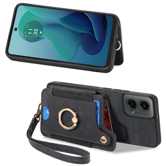 For Motorola Moto G 2024 Retro Skin-feel Ring Multi-card RFID Wallet Phone Case(Black) by buy2fix