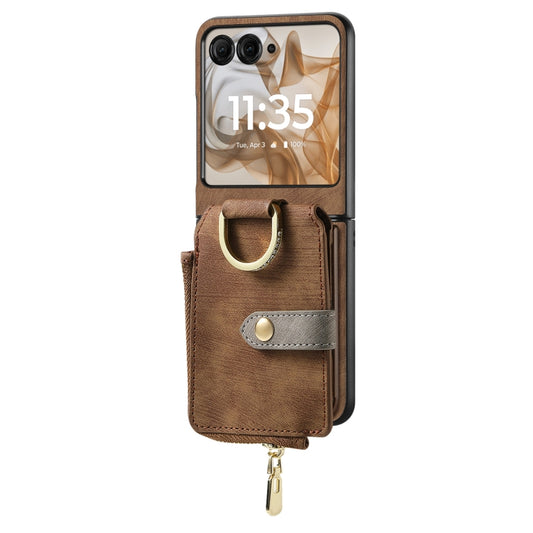For Motorola Razr 50 Ultra Retro Ring Vertical Zipper Wallet Phone Case(Brown) by buy2fix