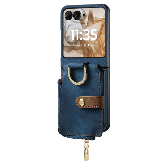 For Motorola Razr 50 Ultra Retro Ring Vertical Zipper Wallet Phone Case(Blue) by buy2fix