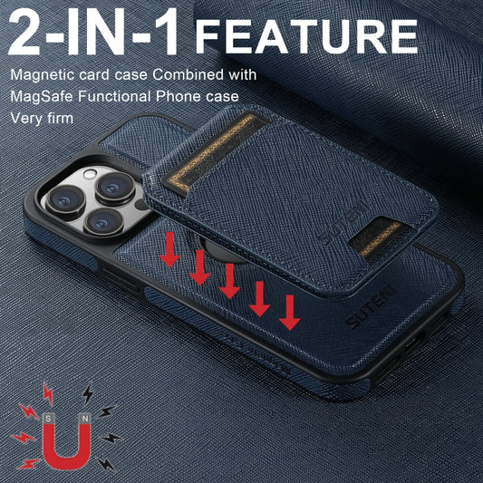 For iPhone 12 Suteni M2 Cross-Grain MagSafe Vertical Card Back Phone Case(Blue) by Suteni