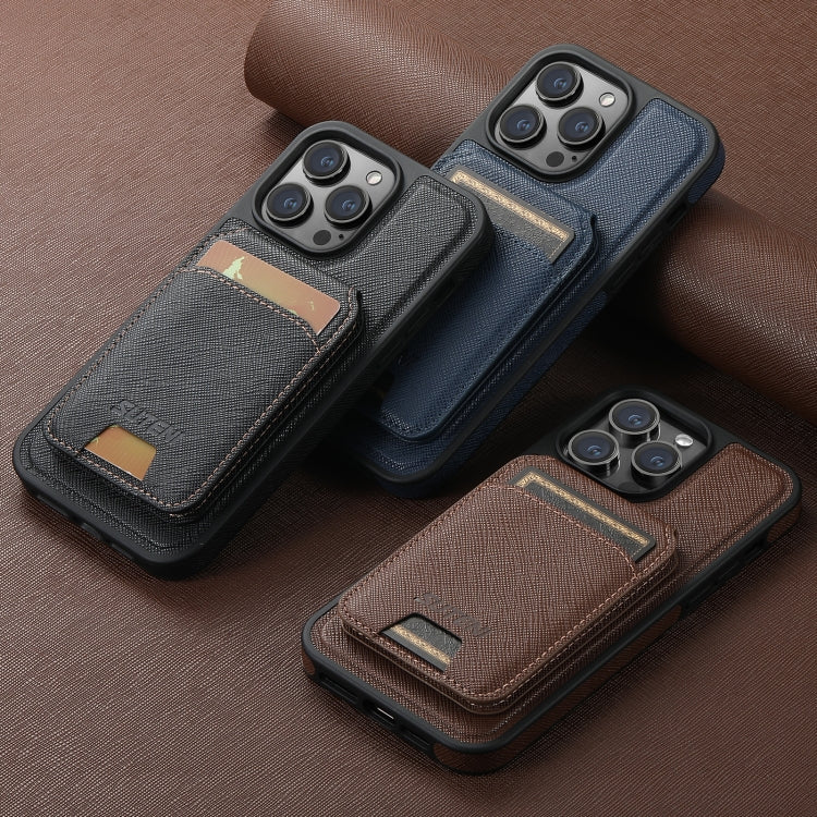 For iPhone 16 Pro Suteni M2 Cross-Grain MagSafe Vertical Card Back Phone Case(Blue) by Suteni