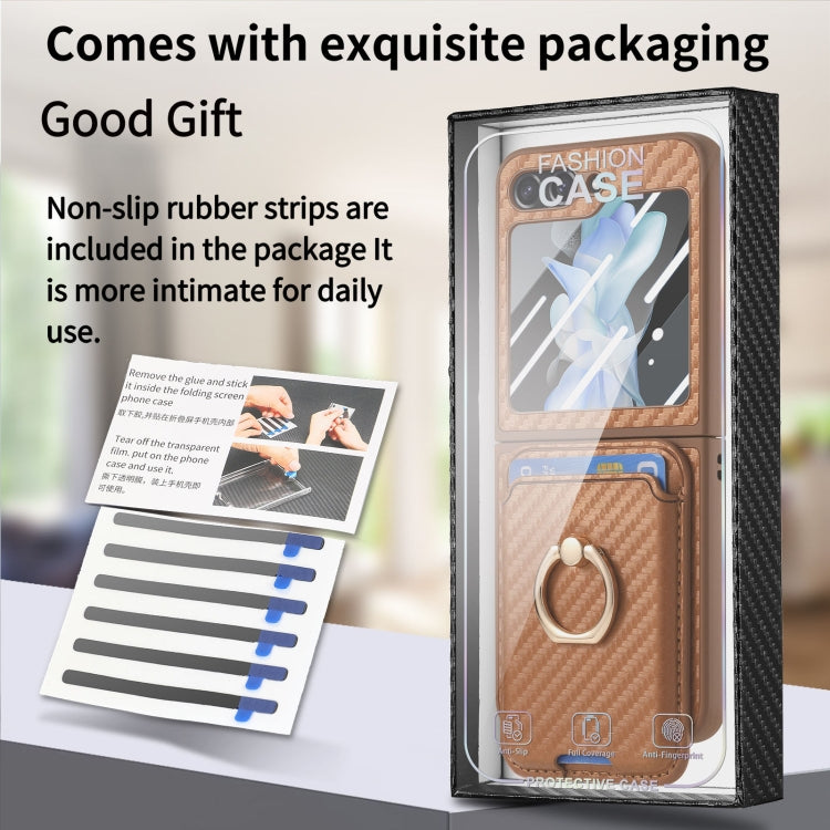 For Samsung Galaxy Z Flip6 / Flip7 FE Carbon Fiber Ring Card Bag Magsafe Phone Case(Brown) by buy2fix