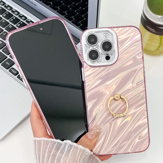 For iPhone 16 Plus Plating Glitter Texture Ring Holder TPU Phone Case with Lens Film(Pink Feathers) by buy2fix