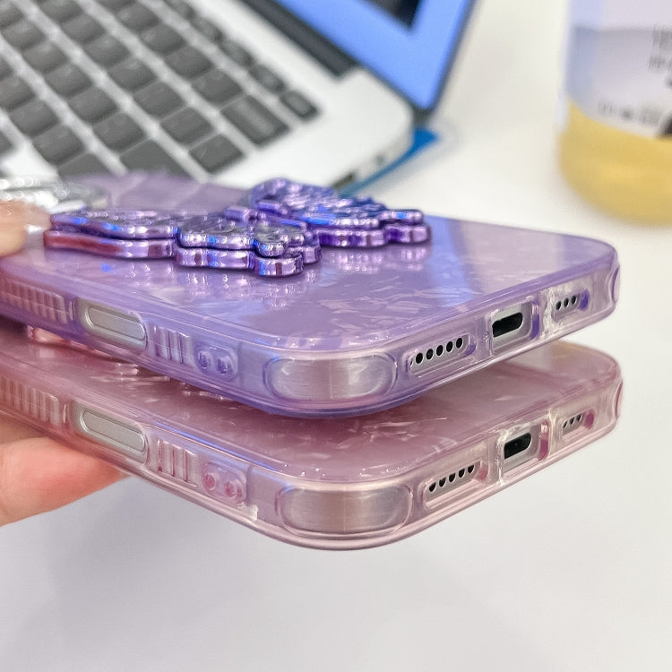 For iPhone 16 Pro Max Plating Glitter Texture Butterfly Holder TPU Phone Case with Lens Film(Purple Feathers) by buy2fix