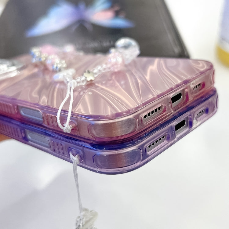 For iPhone 16 Plus Plating Glitter Texture Chain Wristband TPU Phone Case with Lens Film(Purple Feathers) by buy2fix