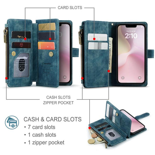 For iPhone 16e CaseMe C30 Card Slots Zipper Wallet Leather Phone Case(Blue) - iPhone 16e Cases by CaseMe | Online Shopping UK | buy2fix