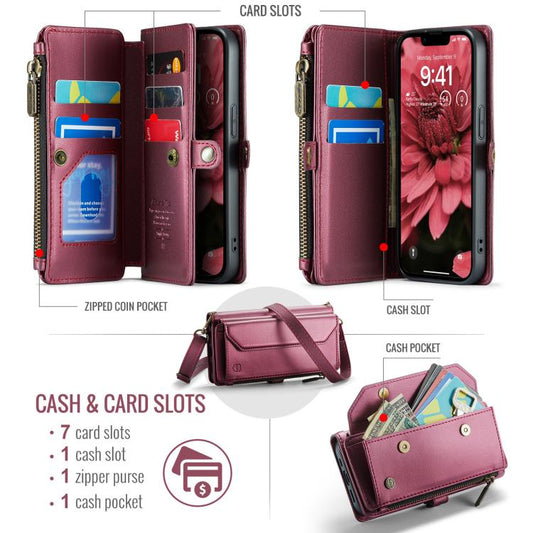 For iPhone 16e CaseMe C36 Card Slots Zipper Wallet RFID Anti-theft Leather Phone Case(Red) - iPhone 16e Cases by CaseMe | Online Shopping UK | buy2fix