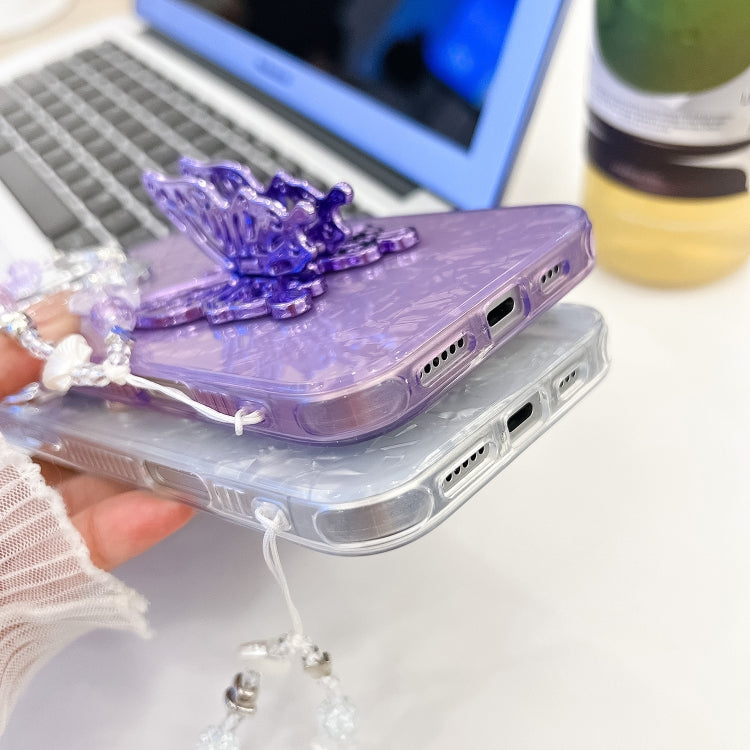 For iPhone 16 Plating Glitter Lens Film Texture Butterfly Holder Wristband Phone Case(Purple Feather Yarn) by buy2fix