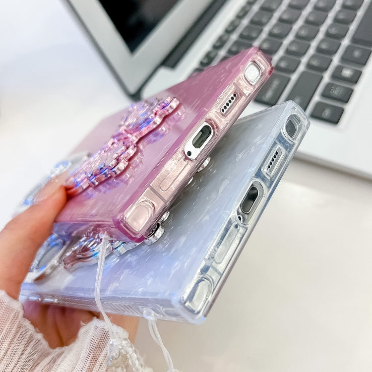 For Samsung Galaxy S25 5G Plating Glitter Lens Film Texture Butterfly Holder Wristband Phone Case(Purple Water Ripples) by buy2fix