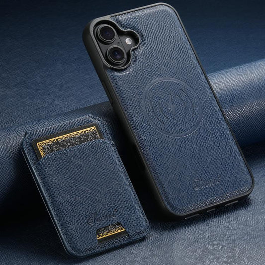 For iPhone 17 Suteni H18 Cross Grain MagSafe Wallet Leather Phone Case(Blue) - iPhone 17 Cases by Suteni | Online Shopping UK | buy2fix